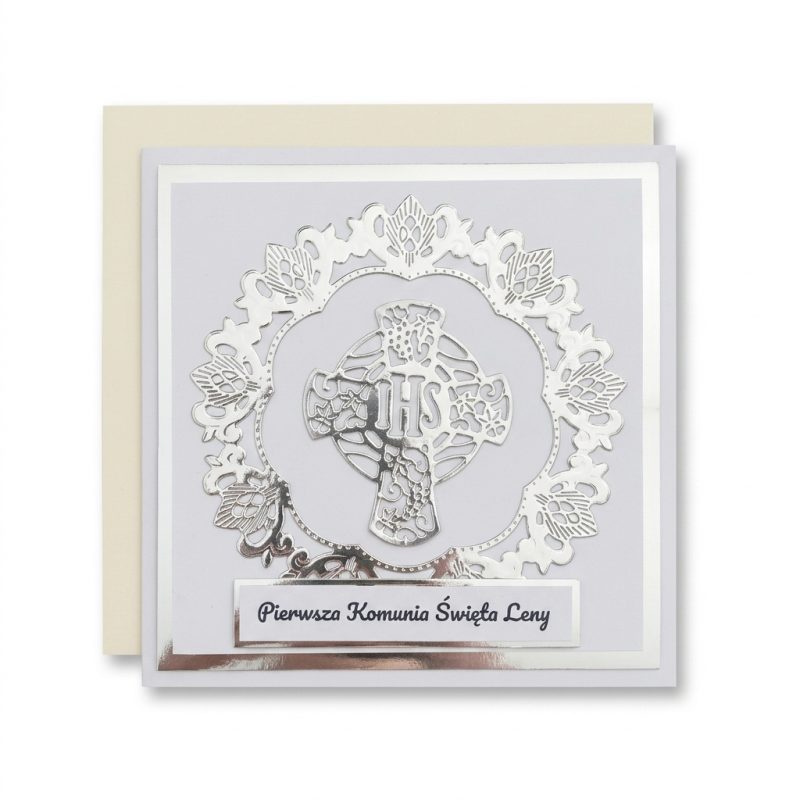 Kartka okolicznościowa, Pierwsza Komunia Święta - Srebrny Ażurowy Krzyż, 15X15 CM, Sosnowa Pracownia
