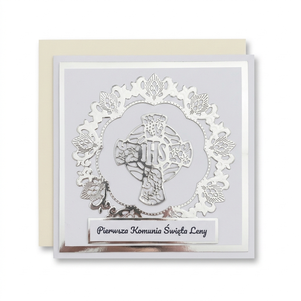 Kartka okolicznościowa, Pierwsza Komunia Święta - Srebrny Ażurowy Krzyż, 15X15 CM, Sosnowa Pracownia